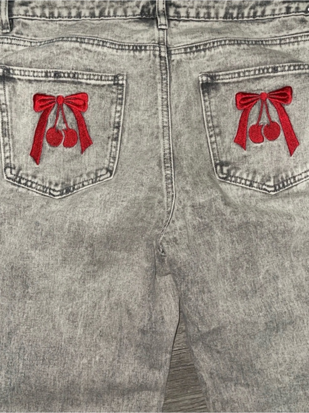 Ashley Mason Gray Straight-Leg Jeans with Red Cherry Bow Embroidery